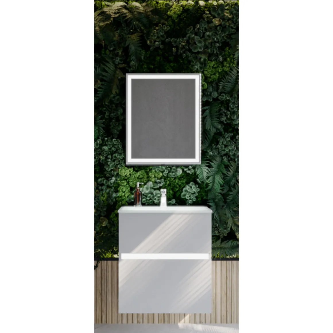 BADMOBIL Waschtischunterschrank FOTON 60 x 65 x 42 cm 2 Schubladen mit Softclose dimmbare LED-Beleuchtung mit Bewegungsmelder hellgrau