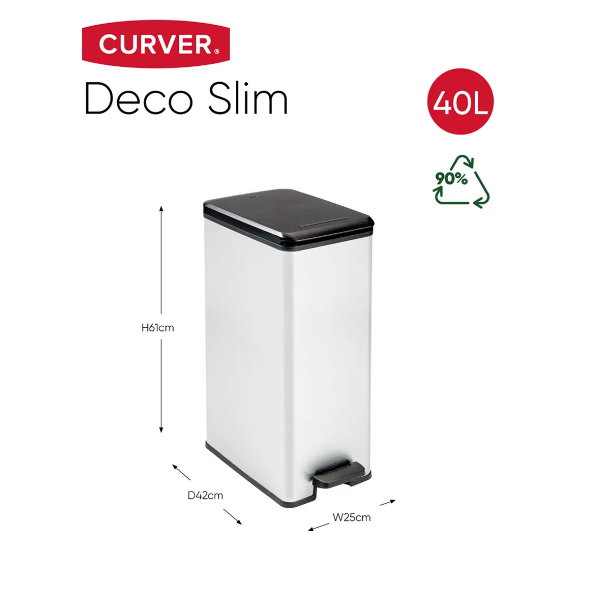 Curver Mülleimer DECO Bin SLIM 40L mit Pedal schwarz silber metallic