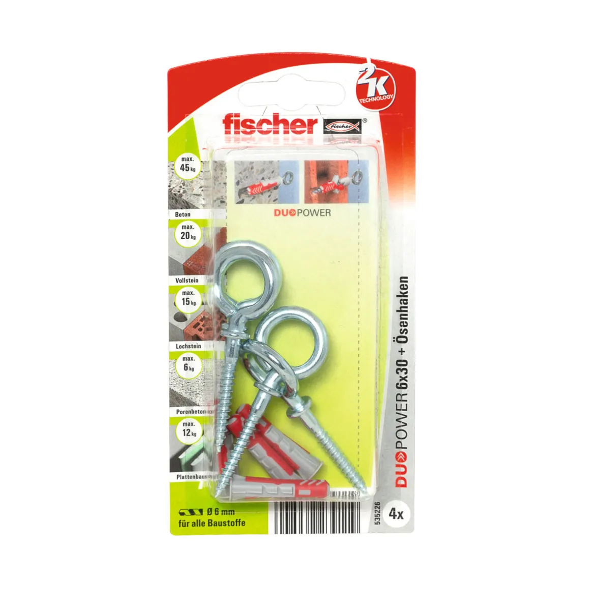 FischerDübel DuoPower 6 x 30 mm mit Ösenhaken 4 Stück