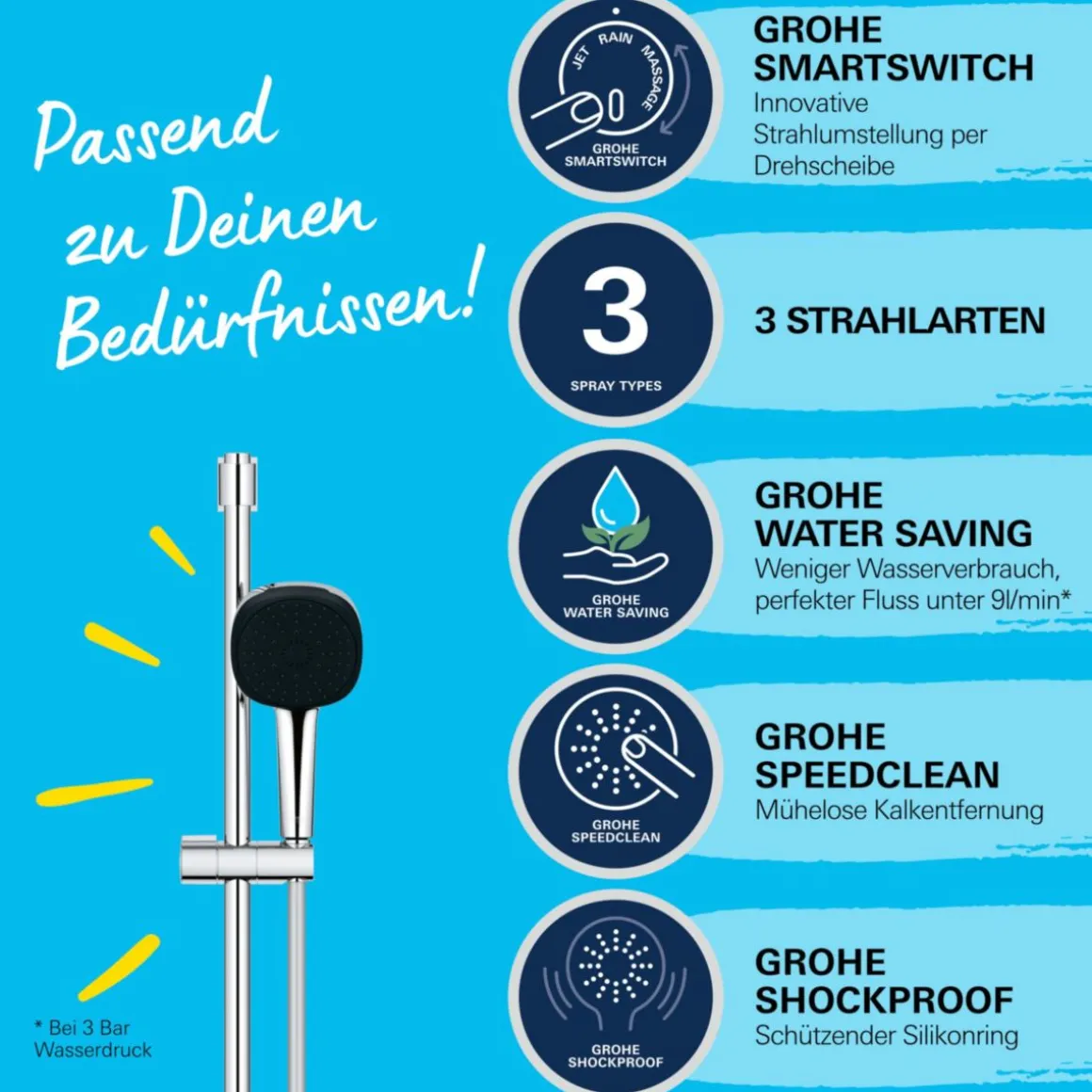 Grohe Brausestangenset Vitalio Comfort 110 3 Strahlarten (Rain, Jet, Massage)