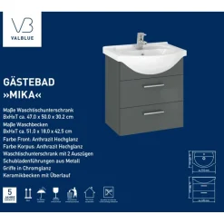 Gäste Waschbeckenunterschrank Mika, anthrazit, inkl. Keramikbecken, 2 Auszüge, B51cm
