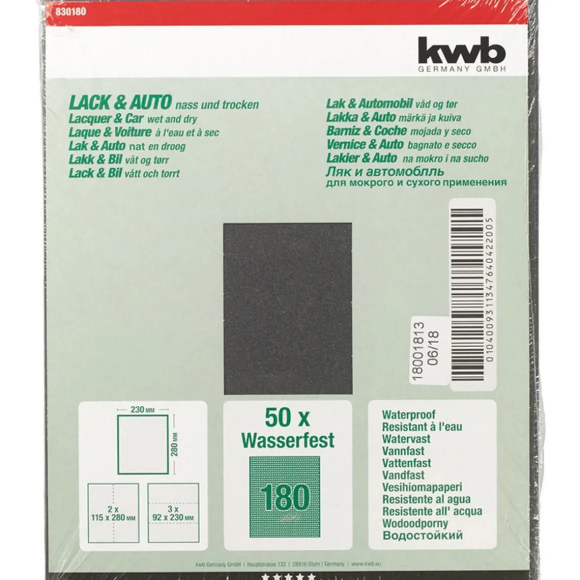kwbSchleifpapier Lack und Auto wasserfest 230 x 280 mm K180