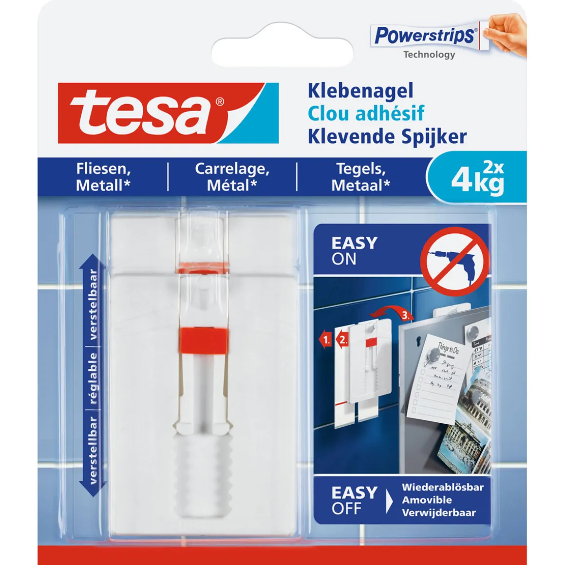 Tesa Klebenagel für Fliesen verstellbar 2 Stück Traglast 2 x 4 kg