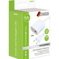 USB Ladeadapterverlaengerung 2,5m1xUSB-A 1xUSB-C weiss/grau